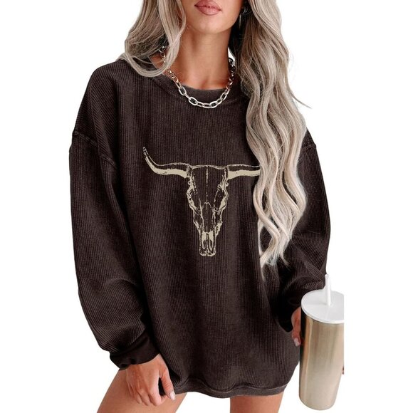 Tops - Women's Brown Cow Skull Rodeo Western Country Nashville Graphic Pullover Tops
